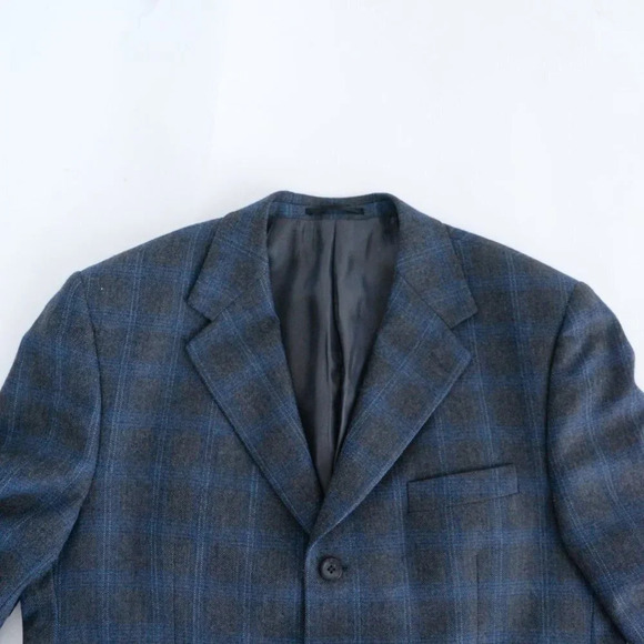 Perry Ellis Vintage Grey Blue Checker Pattern Wool Three Button Blazer - Size 44 - Picture 11 of 11
